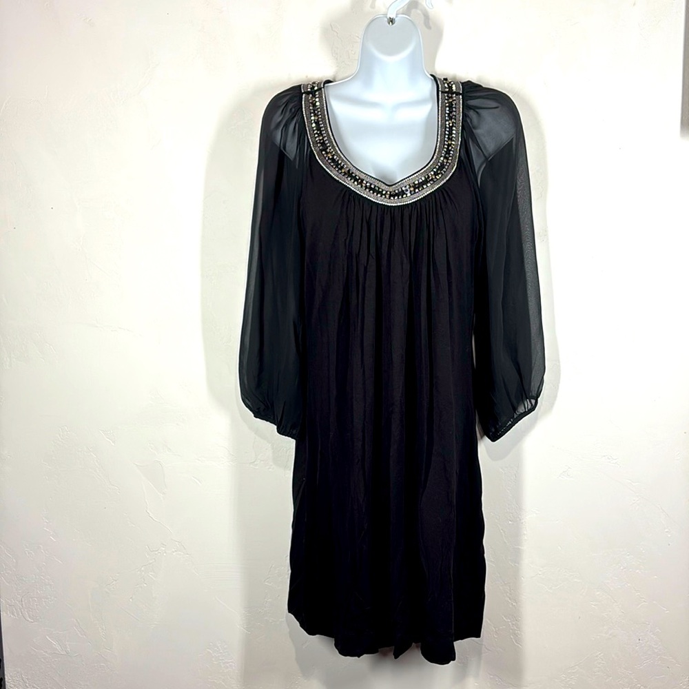 White House Black Market black beaded dress with sheer sleeves size small